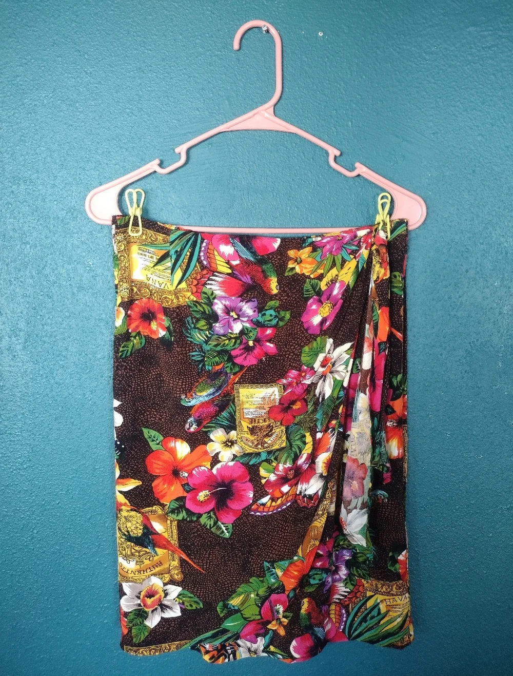 Vintage Carole Little Petites Floral Tropical Wrap Skirt Cover-Up Brown Multi